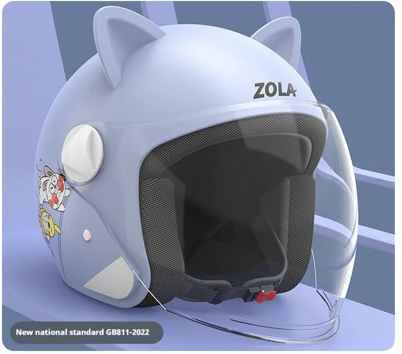 Blue electric bike helmet with attached winter scarf and a clear anti-fog visor