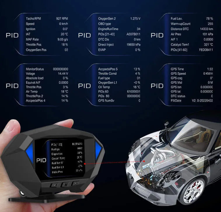 Black vehicle HUD display unit with LCD screen and OBD cable for dashboard installation