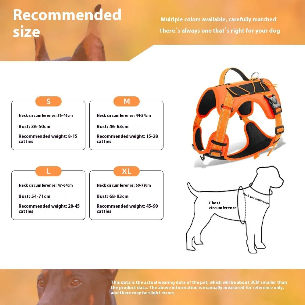 Reflective explosion-proof dog harness with attached hand-holding rope in orange colour, showing adjustable straps and safety features