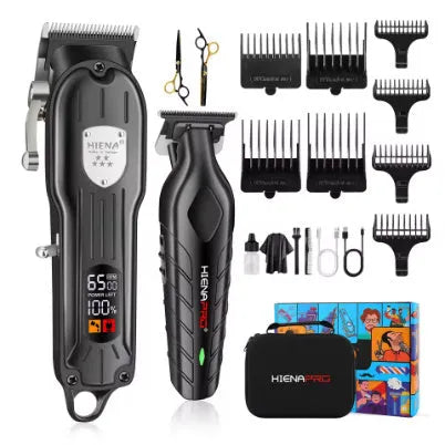 Black men's hair clipper set with LED display, aluminium foil shaver attachment and USB charging cable