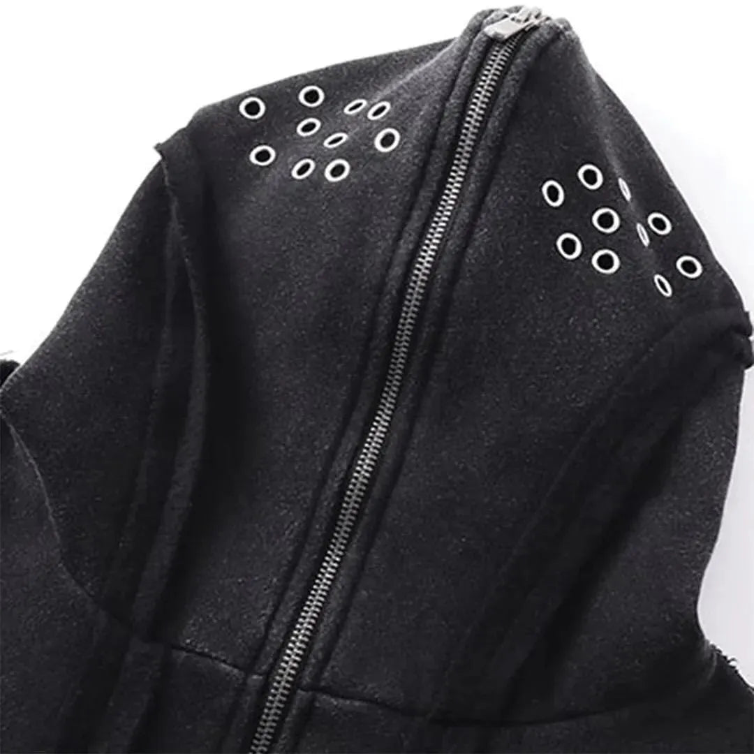 Black men's loose fit hooded cardigan coat with abstract pattern and zip front