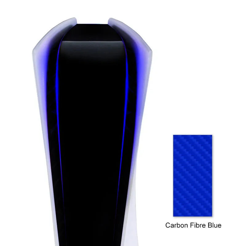 PS5 light bar sticker with carbon fibre pattern in blue, gold, pink, and red colour options