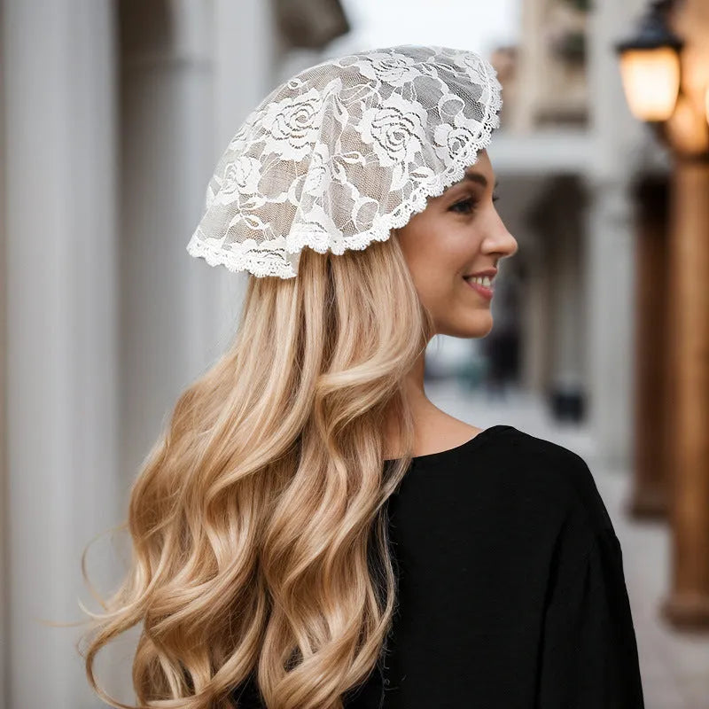 Round white floral bridal head cover decoration accessory on a 30cm background.
