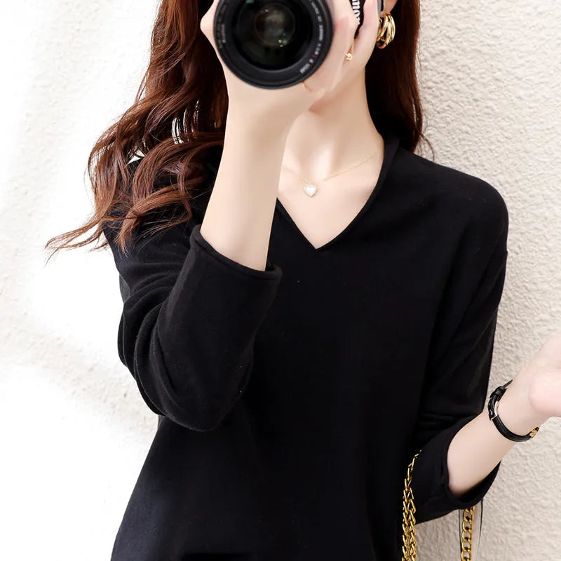 Women's V-neck long sleeve knitwear pullover top in a macaron colour, showcasing non-iron elegant style.