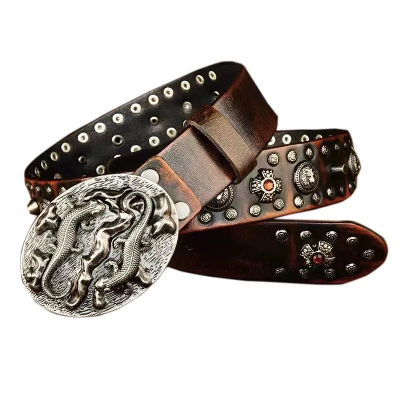 Men's punk style leather belt with rivet detailing and alloy buckle in retro colour options