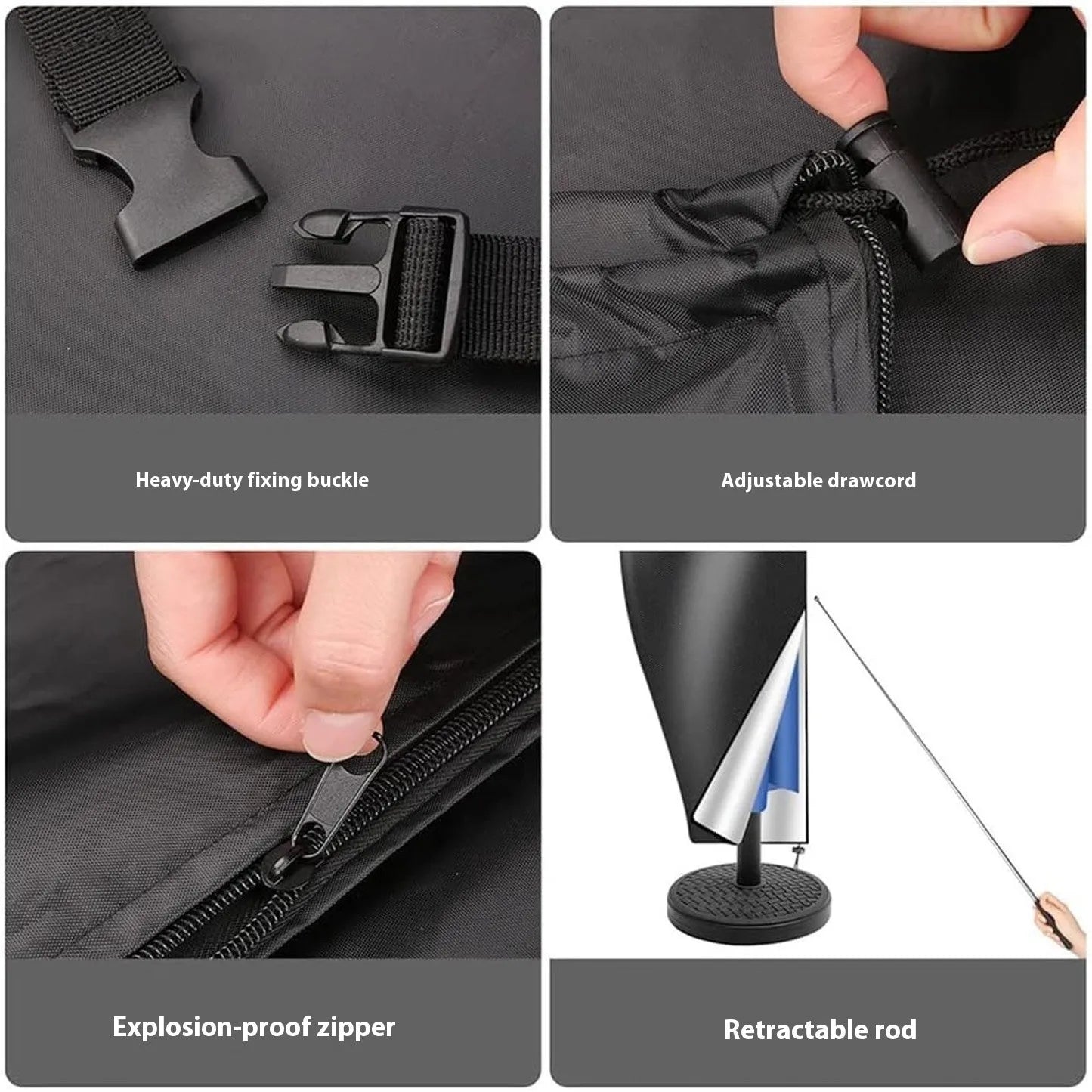 Grey waterproof Oxford cloth cover for a banana-shaped offset patio umbrella.