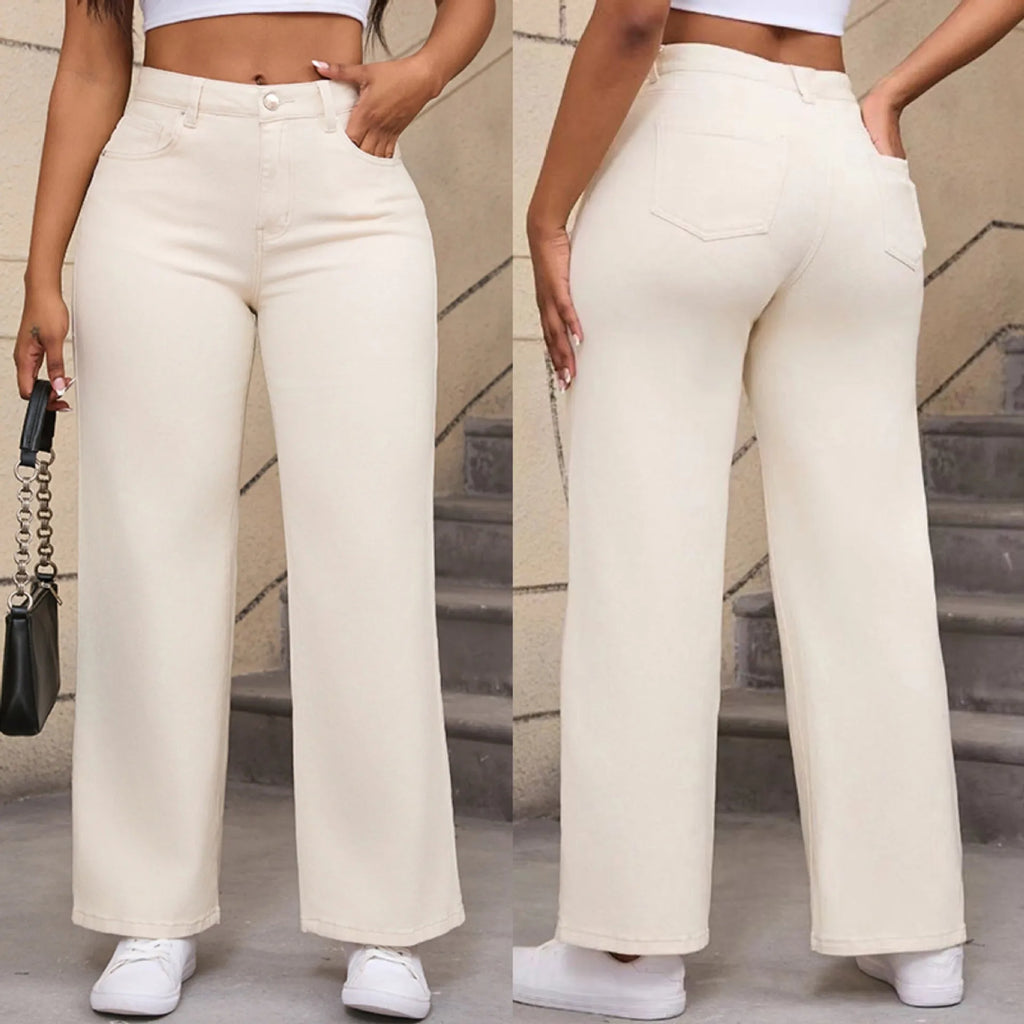 Women's high waist straight leg jeans in apricot and khaki colours