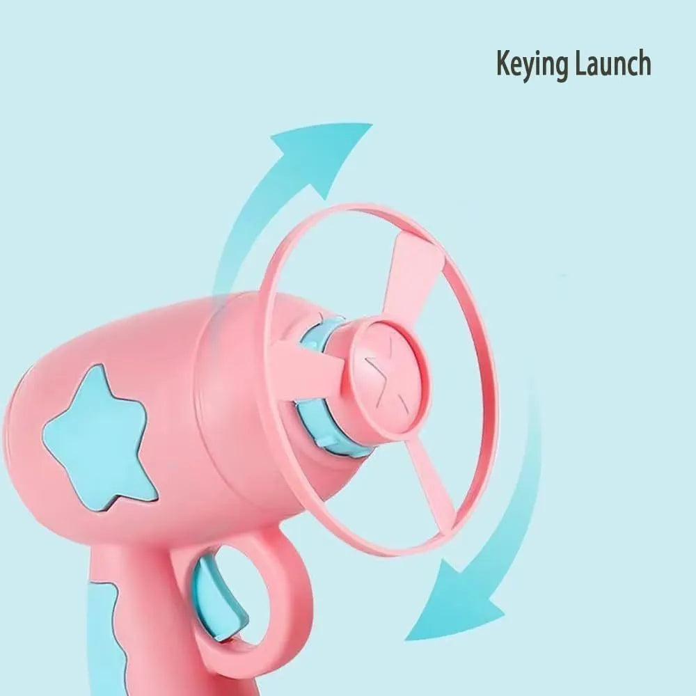 Blue plastic cat toy gun with rotating Frisbee launcher measuring 11cm tall for indoor cat play