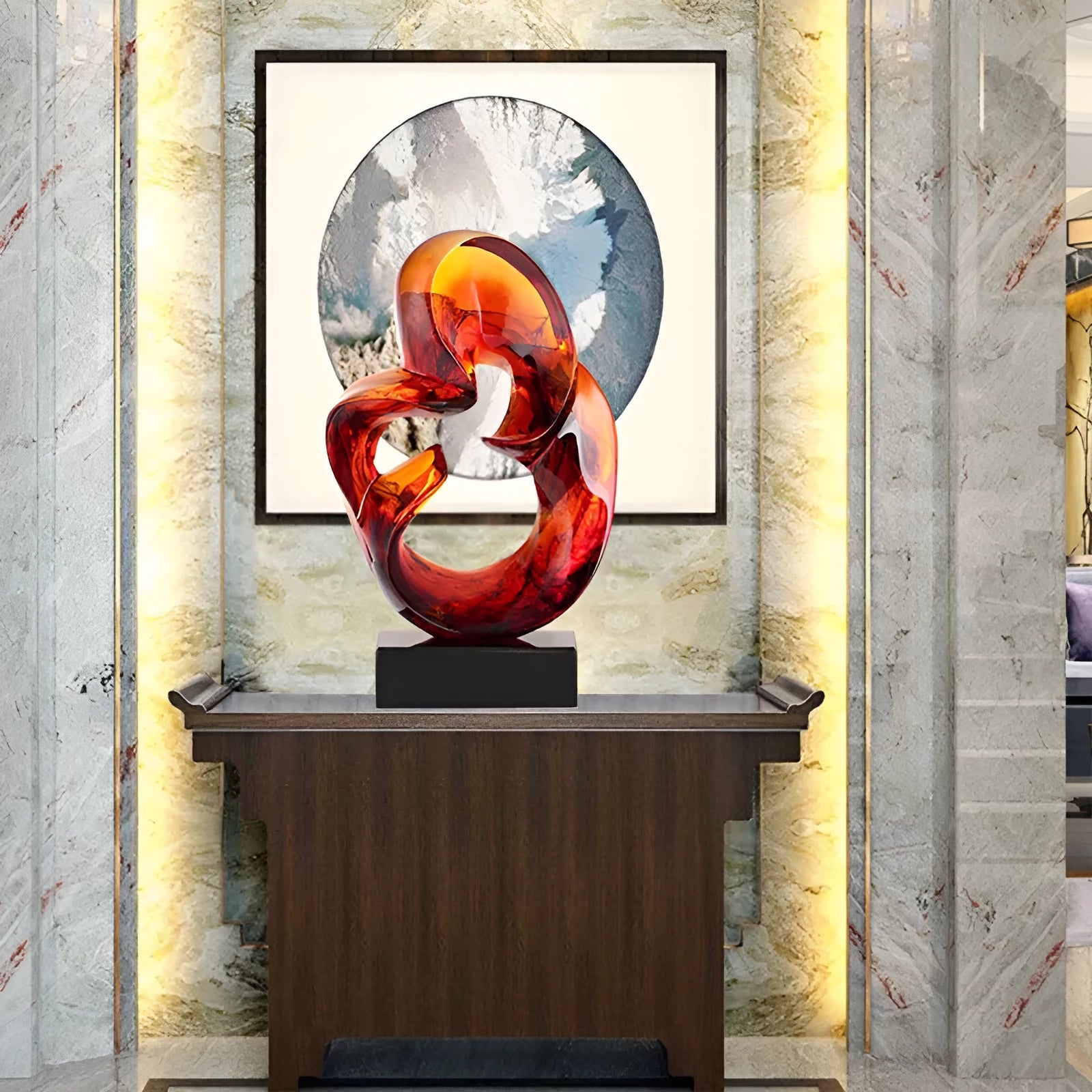 Transparent resin craft ornament sculpture in modern style with orange red or blue colour options