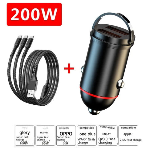Black 200W super fast car charger with zinc alloy housing and USB output interface.