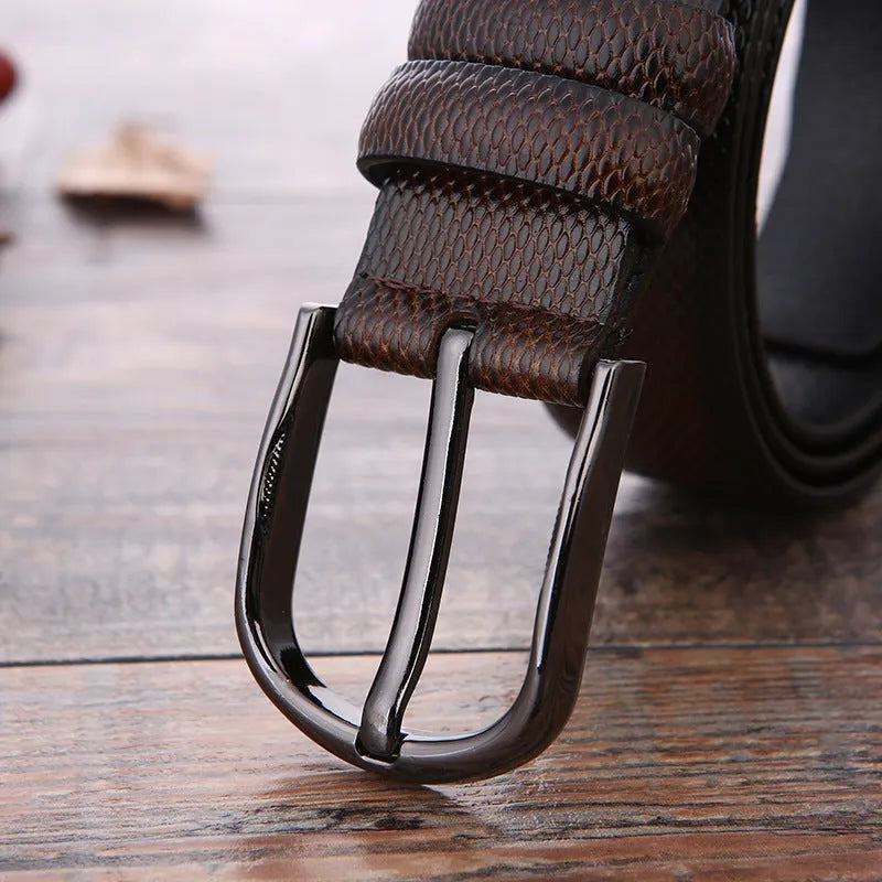 Men's black imitation leather business belt with an alloy pin buckle and laser logo elephant pattern.