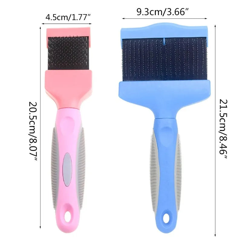 Double-sided pet brush with stainless steel pins and blue ergonomic handle for dog and cat grooming