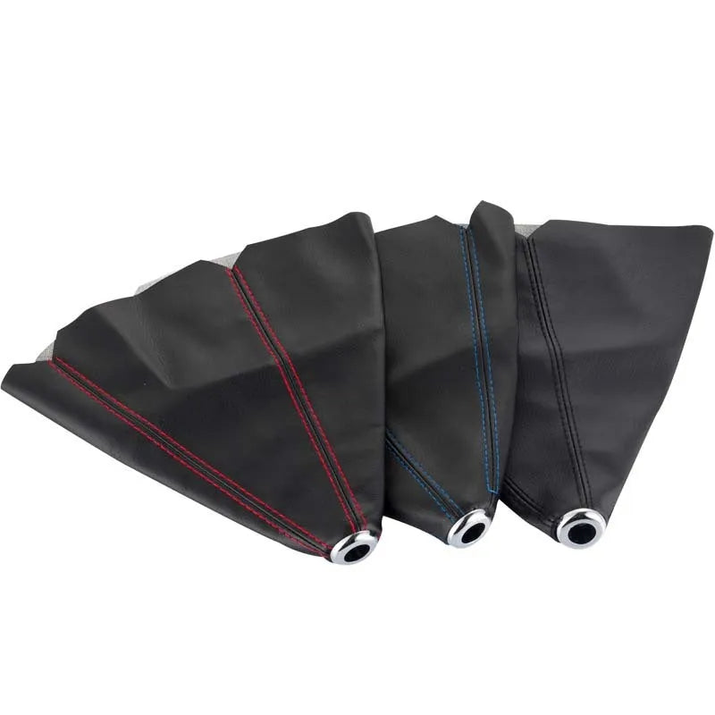Black leather dirt-proof cover for a General Motors vehicle gear shift.
