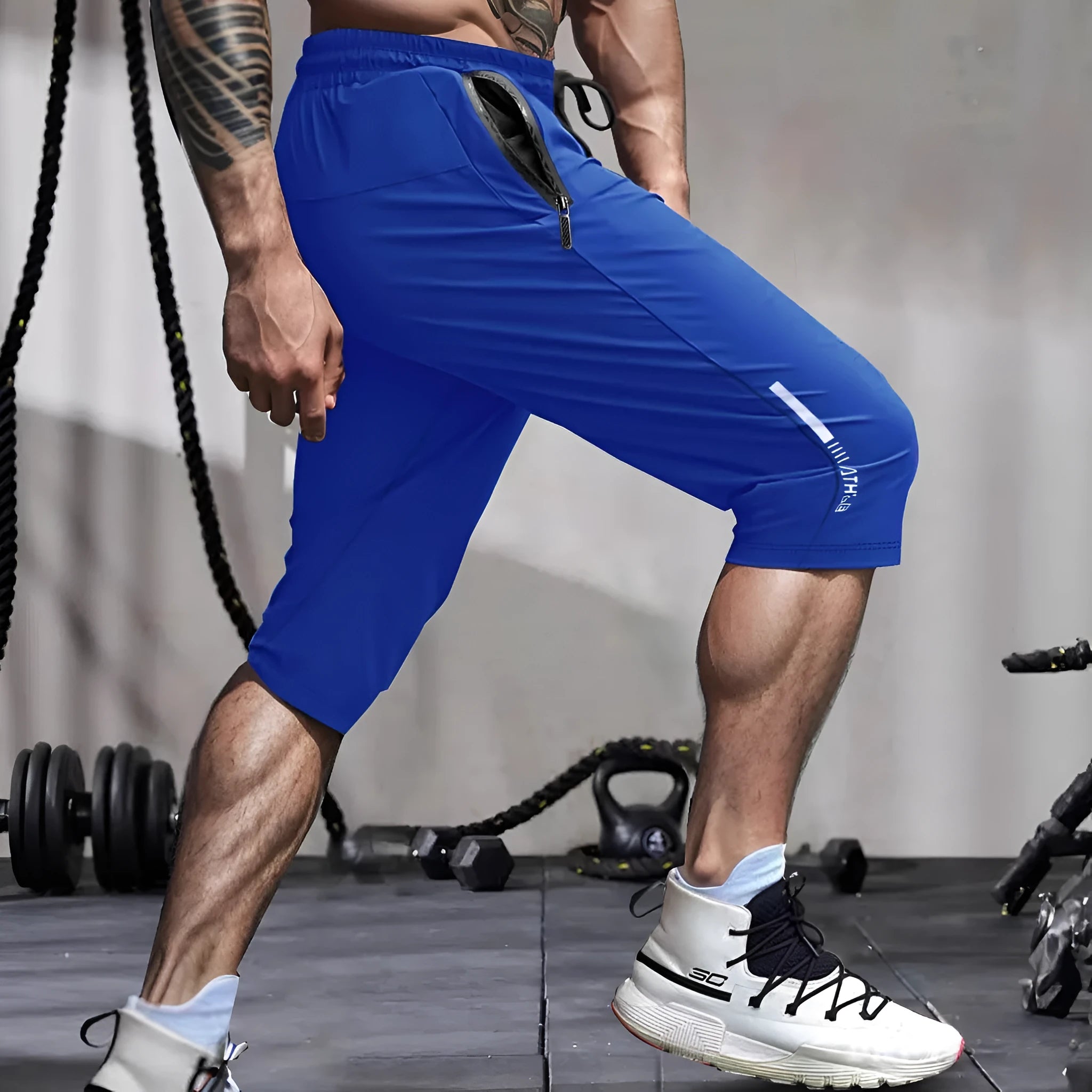 Men's cropped ice silk sports casual pants in black, blue, gray, or khaki colours