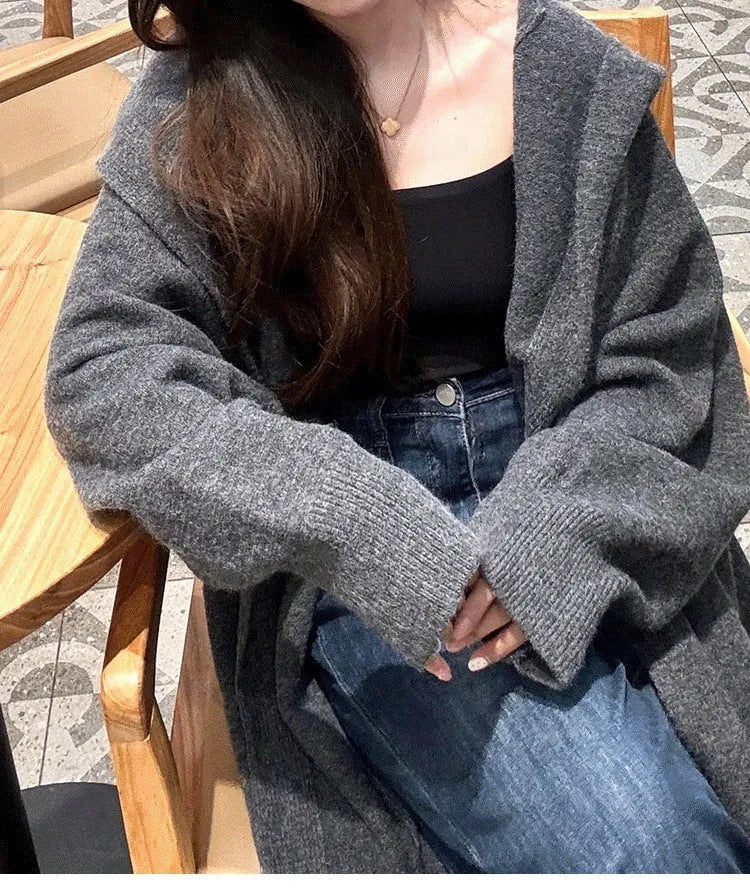 Long grey hooded knitted cardigan for women in loose Korean-style fit.