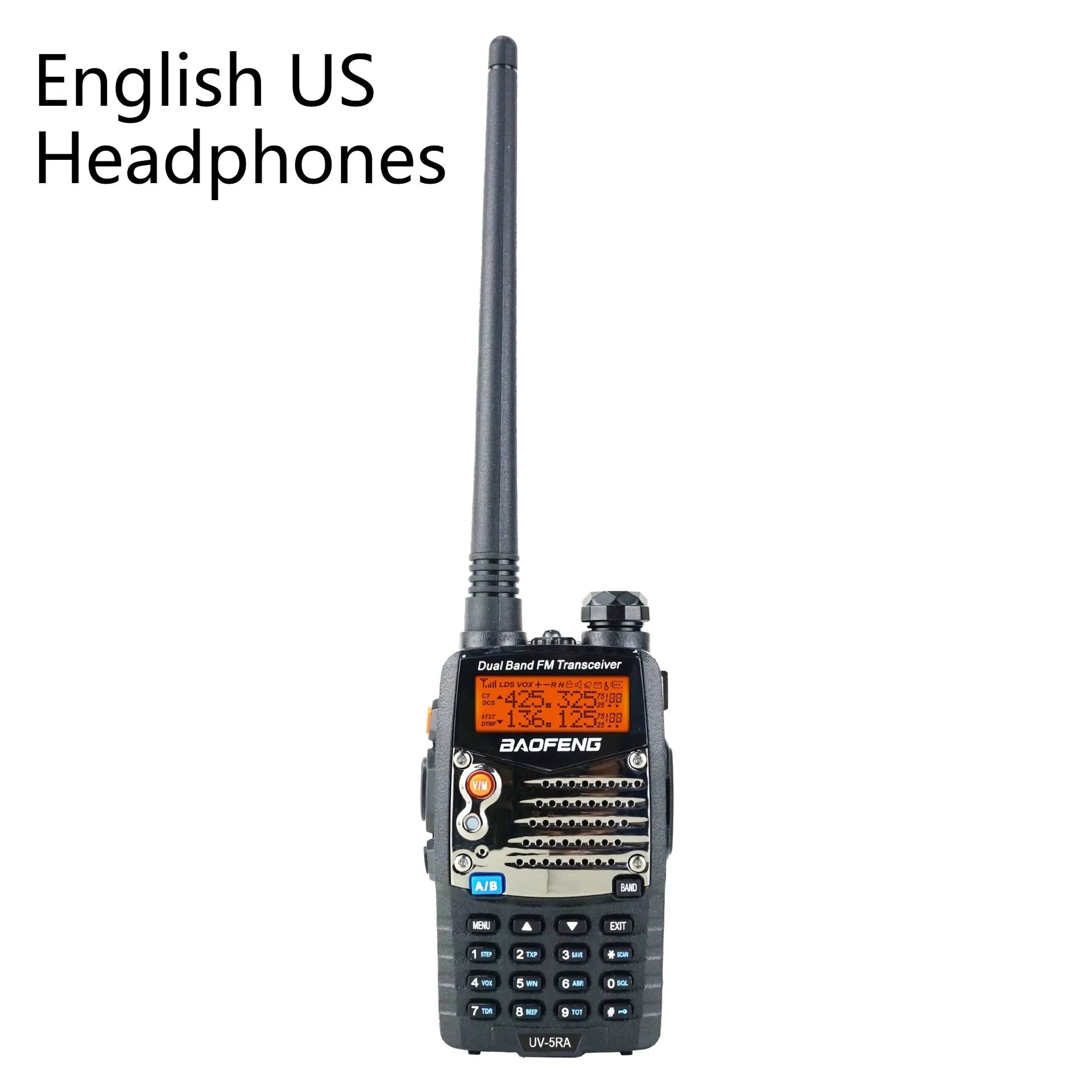 Baofeng UV-5RA dual-band handheld radio transceiver with dual display screen and removable battery