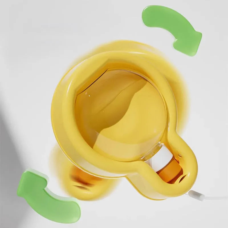 Green portable dog travel cup with integrated drinking bowl, showing 500ml capacity and pull-out bowl design.