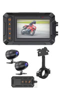 MT65 motorcycle dash cam with 3-inch display mounted on motorcycle handlebar