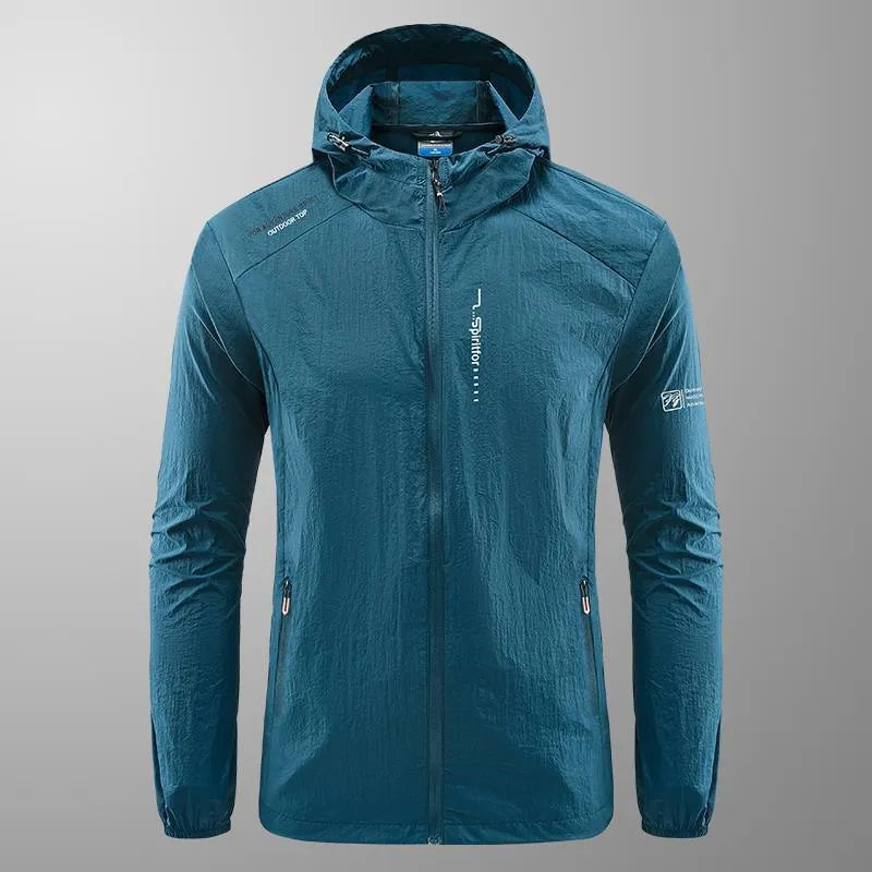 Men's lightweight hooded summer jacket in nylon fabric for sun protection, loose fit design