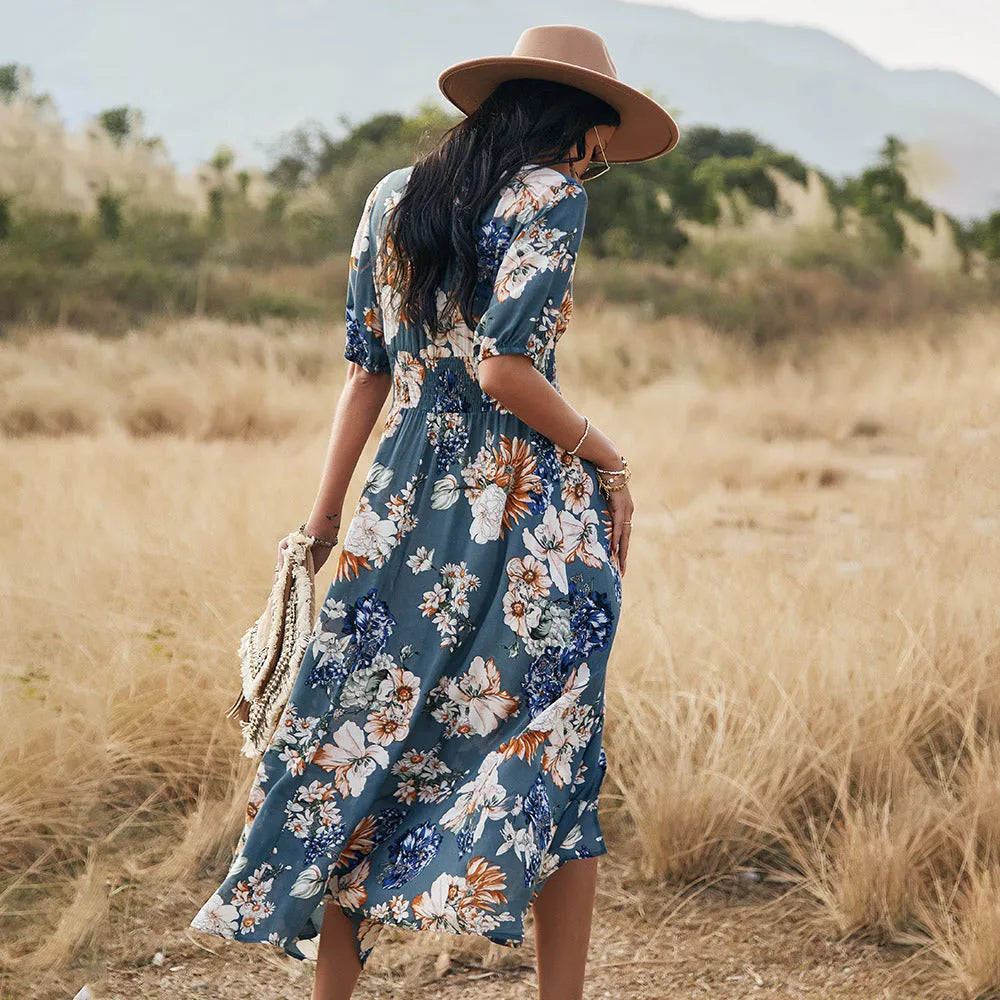 Women's floral print summer dress with V neck and elastic waist in yellow, black, and blue colours