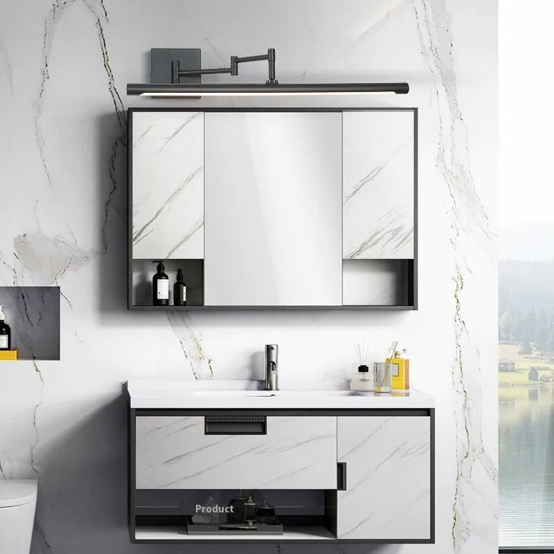 Modern sand black wall-mounted LED bathroom mirror cabinet with internal shelf storage open.