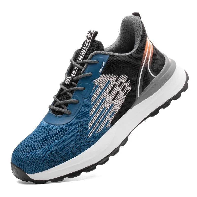 Blue men's lightweight safety work shoes with plastic toe cap and lace-up closure