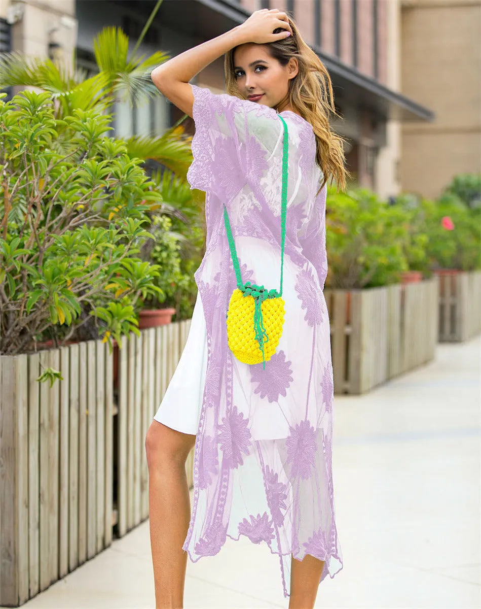 Light purple cotton-polyester beach dress cardigan with lace embroidery trim for swimming cover-up