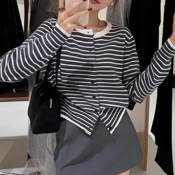 Dark grey and white striped viscose cardigan for women with French style design and slim fit