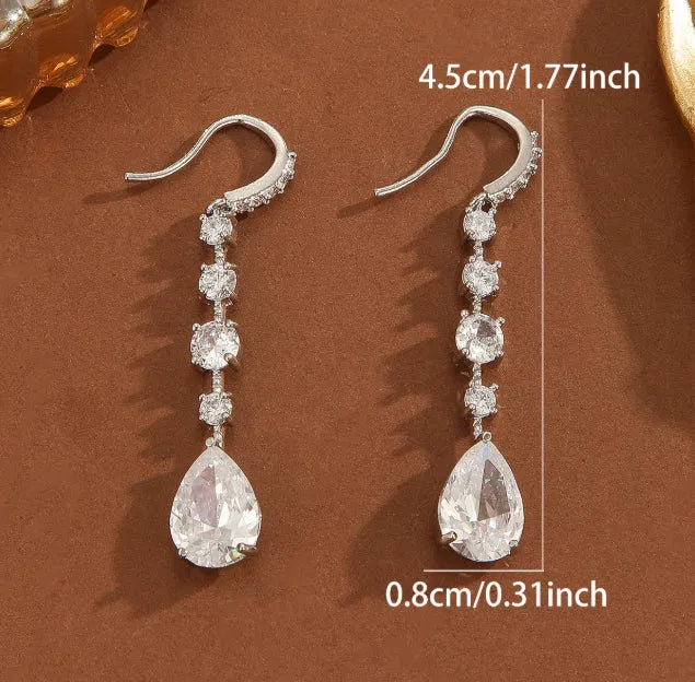 Women's copper electroplated teardrop drop high-carbon earrings in silver white zircon finish