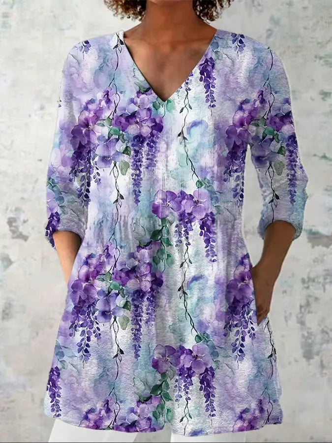 Women's retro slim fit printed long-sleeved top in a selected colour style.