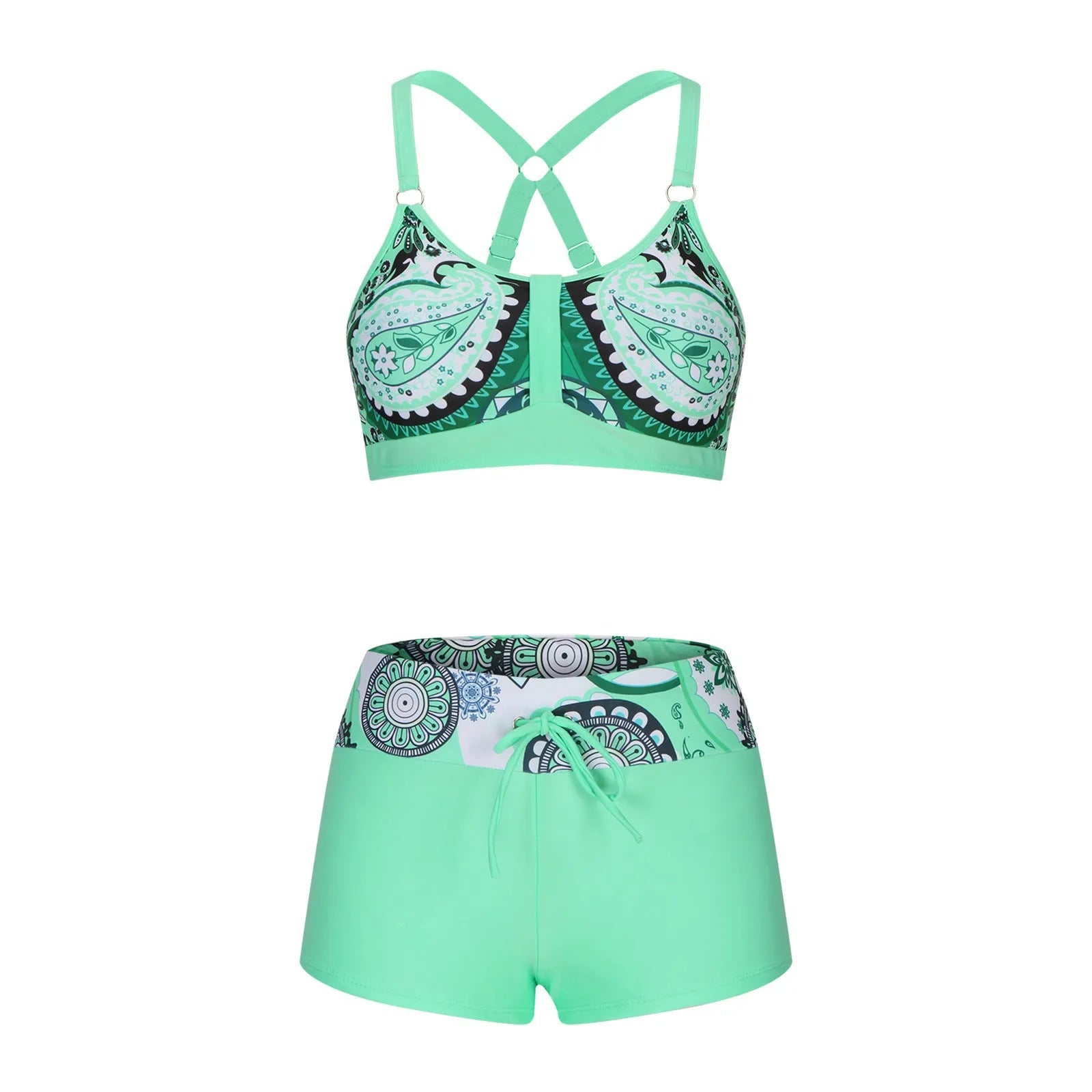 Women's floral print polyester bikini swimsuit set with bra and shorts on a neutral background.