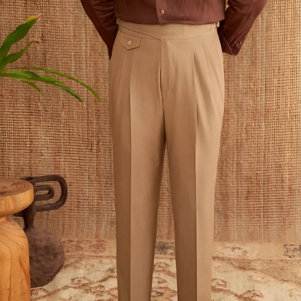 Men's slim fit straight leg business trousers in light brown colour, showing wrinkle resistant polyester fabric.