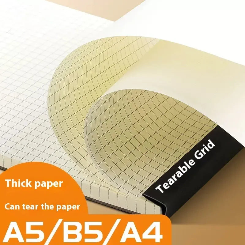 Set of writing pads in A5, B5, and A4 sizes showing blank, grid, and horizontal line page rulings.