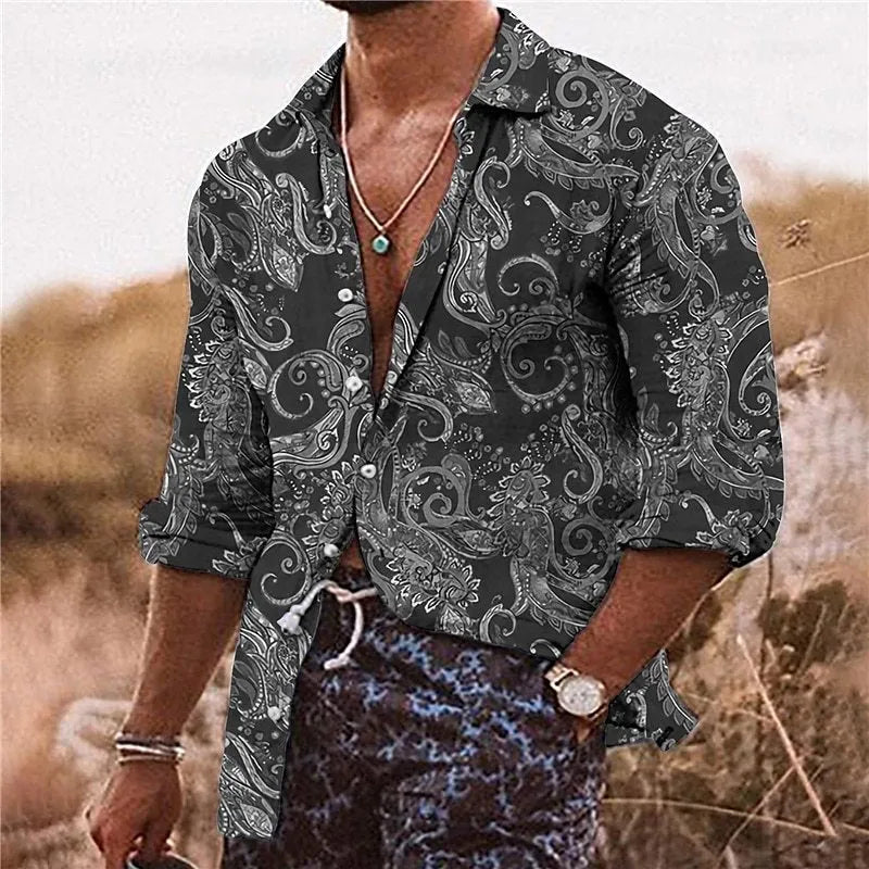 Man wearing a loose-fit long sleeve shirt with a vibrant 3D digital print floral pattern.