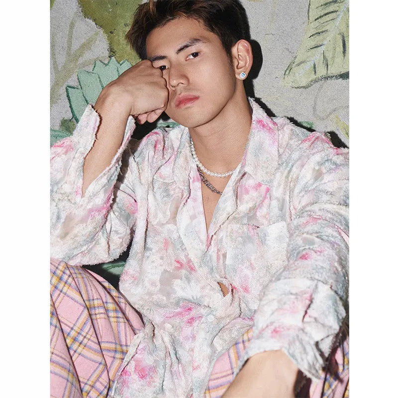Women's loose fit floral long sleeve shirt with three-dimensional embossed pattern in pink
