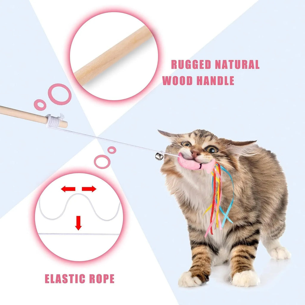 Cat wand toy with wooden handle, colourful ribbons, catnip fish attachment, and bell for interactive play