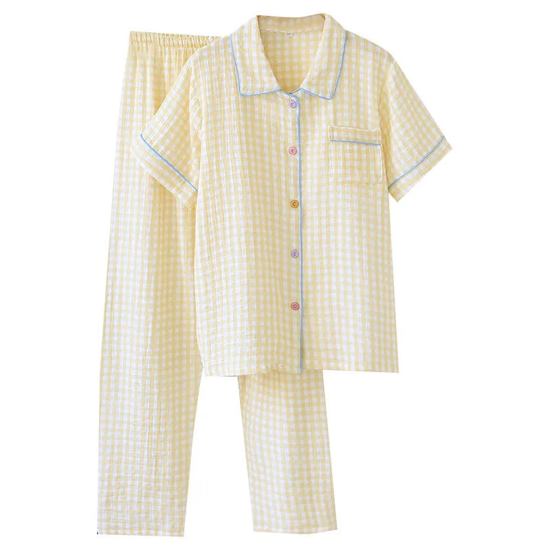 Washed cotton double-layer gauze short-sleeved trousers set in loose casual style for women.