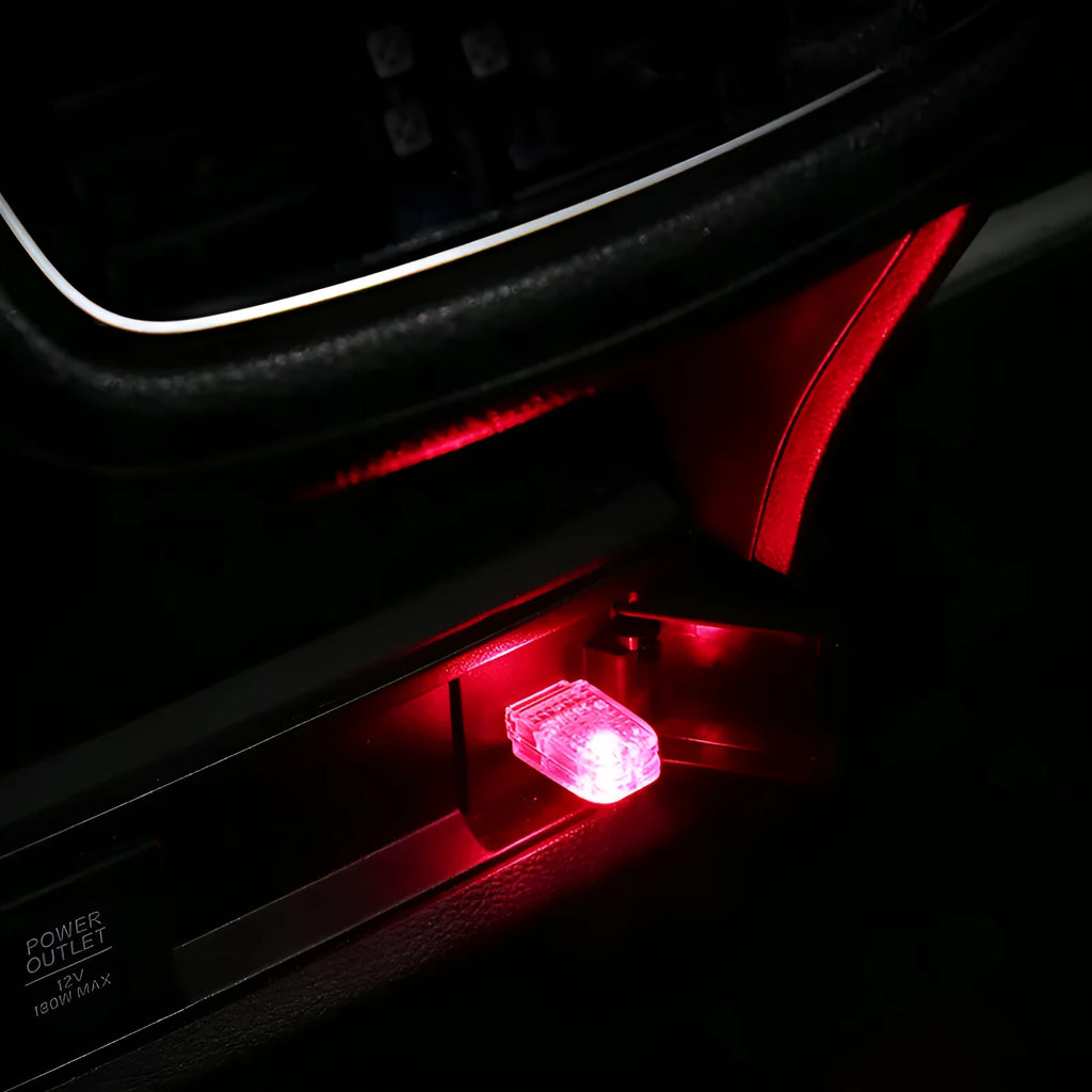 Car USB atmosphere light with multi-colour changing modes including blue, white, pink and RGB options
