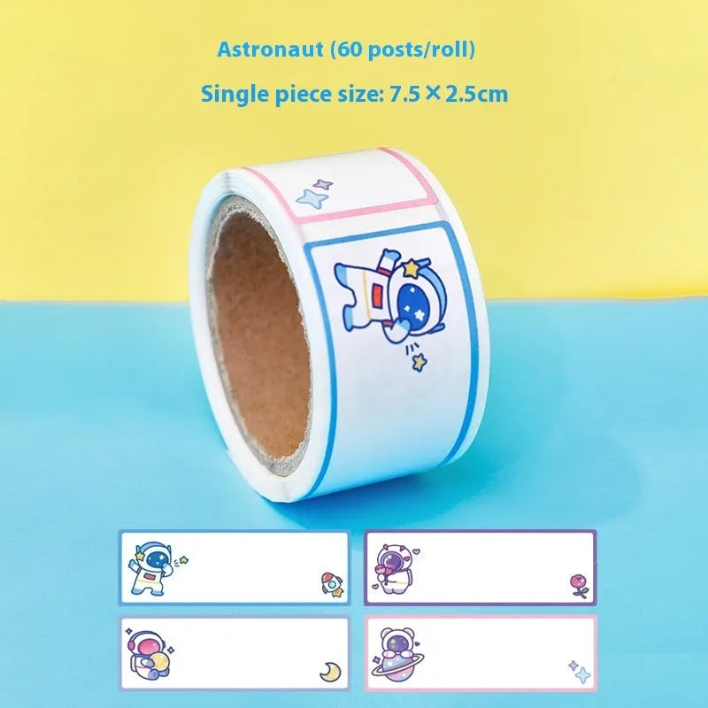 Roll of cartoon name tape stickers showing Dinosaur, Astronaut, Rabbit, and Girl design options.