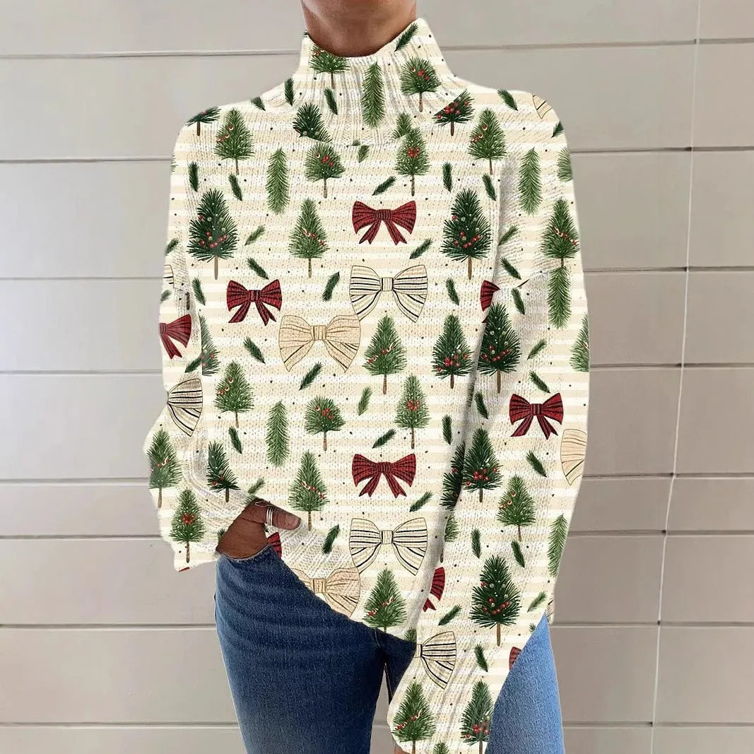 Women's Christmas printed turtleneck sweater with painting pattern in macaron colour