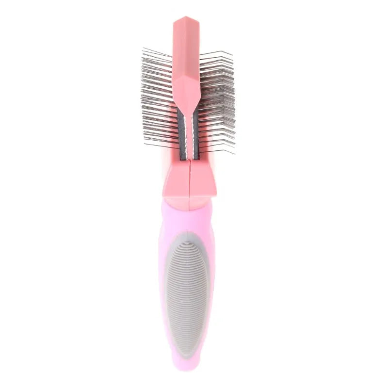 Double-sided pet brush with stainless steel pins and blue ergonomic handle for dog and cat grooming