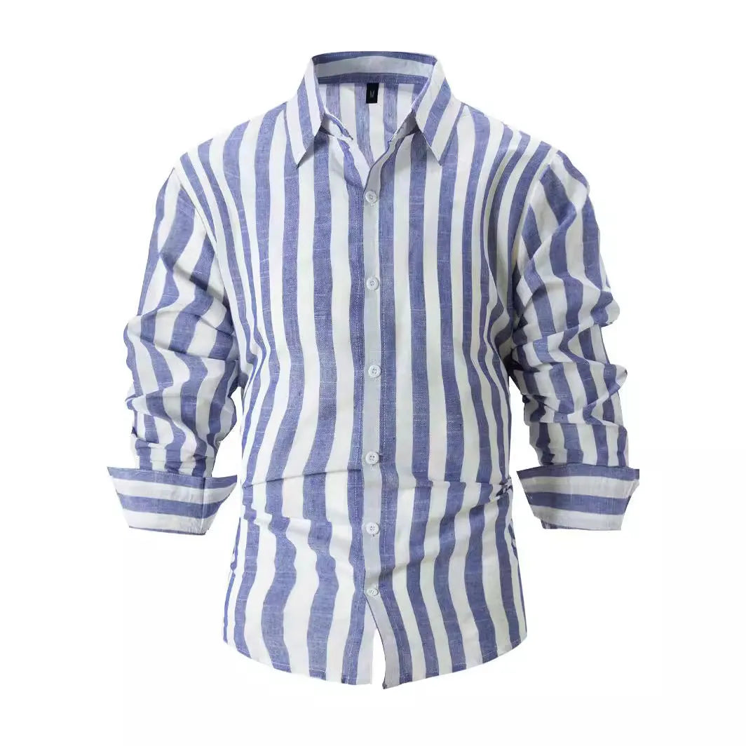 Man wearing a grey and white striped loose-fit long-sleeved casual shirt