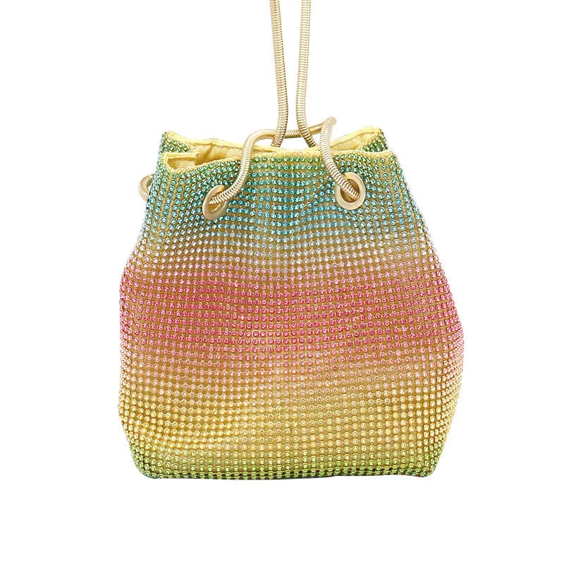 Rainbow multi-colour rhinestone bucket bag with diamond pattern design and soft fabric texture