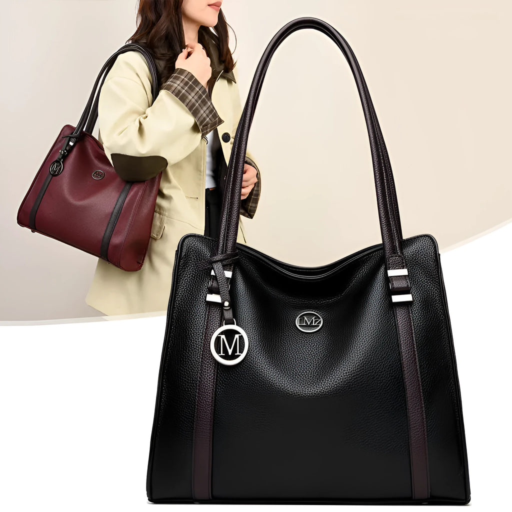 Genuine leather women's large capacity bag in horizontal square shape with double shoulder straps