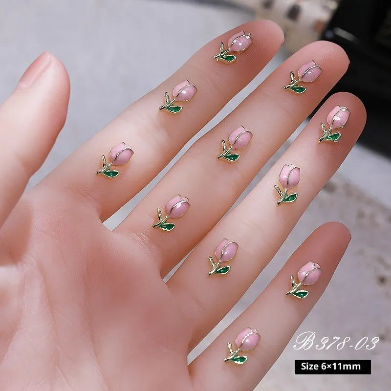 Three-dimensional alloy tulip fingernail decoration stickers in gold and silver colours