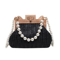 Beige woven straw women's shoulder bag with pearl chain detail, showing interior zipper pockets.