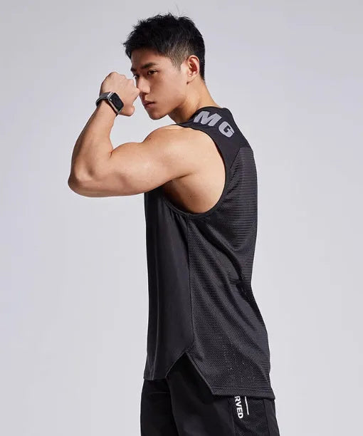 Man's loose-fitting mesh sports vest in blue, shown from the front.