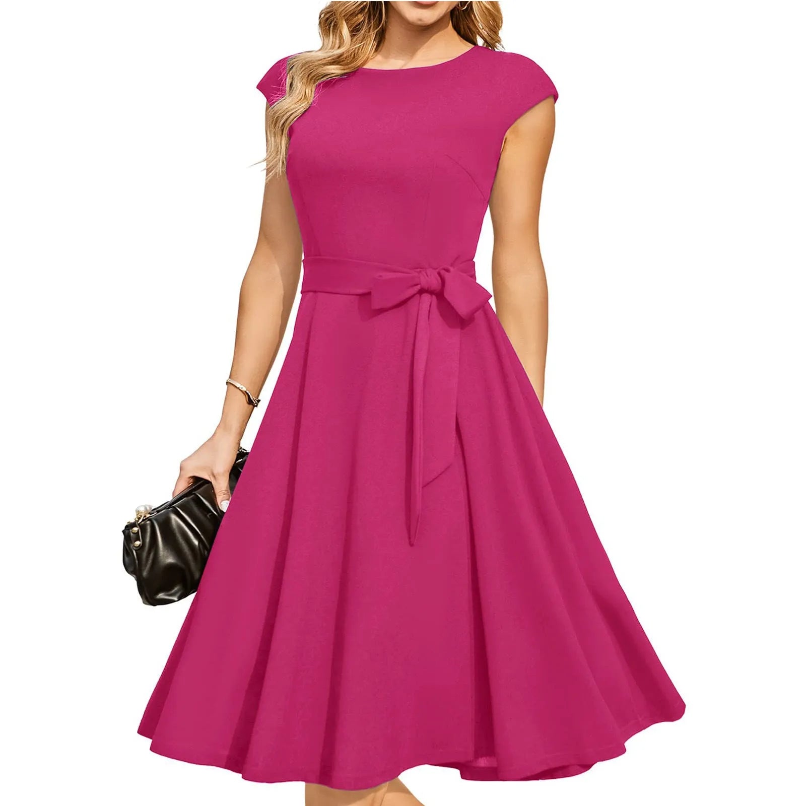 Black sleeveless party dress with lace-up waist and oversized swing skirt mid-length design