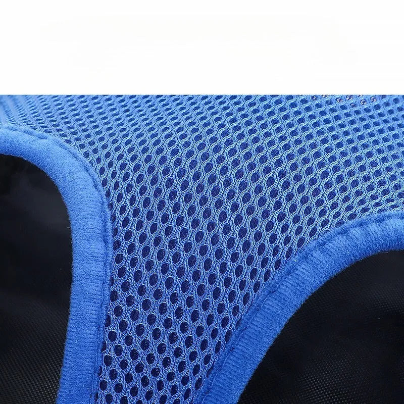 A person wearing a blue nylon dog carrier backpack on their front, containing a small dog. The bag shows mesh panels and an open-top design.