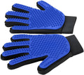 Blue pet grooming gloves with silicone tips for gentle hair removal from dogs and cats